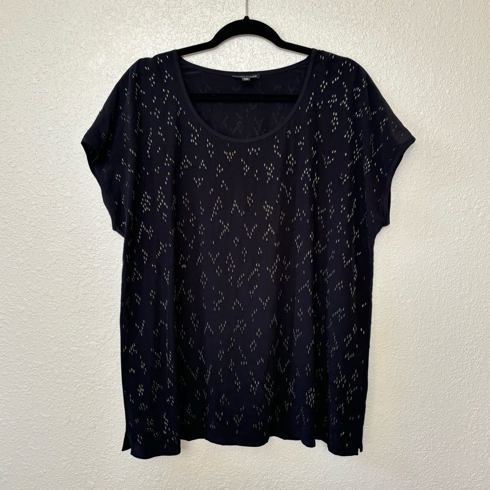 Eileen Fisher Black Beaded Silk Short Sleeve Blouse Large